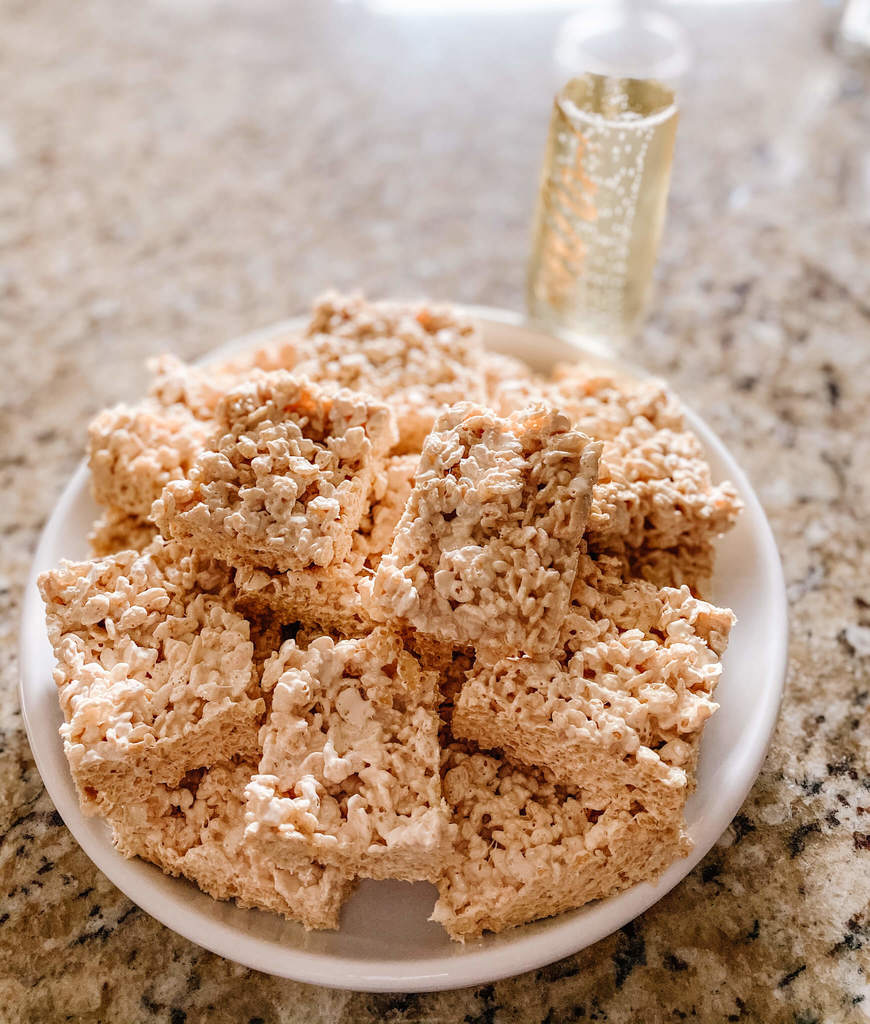 Homemade rice crispy treats made with bubbly  of course.