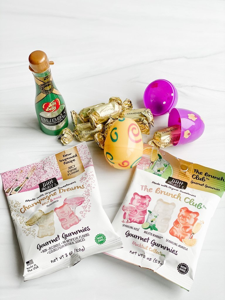Grownup Easter Egg Hunt Goodies - Champagne Gummy bears, Bubbly jelly beans, and champagne chocolates