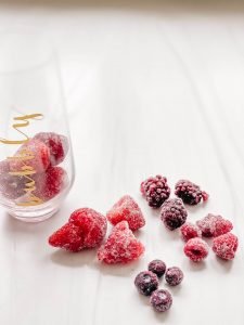 Super easy way to add some flair to your mimosa bar without more work. Simply  put out a variety of frozen fruit:  frozen strawberries, frozen wild blueberries, frozen raspberries, frozen blackberries