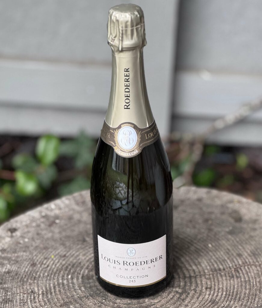 A bottle of Louis Roederer Champagne Collection 243 photographed outside before our amazing fried chicken dinner celebration.