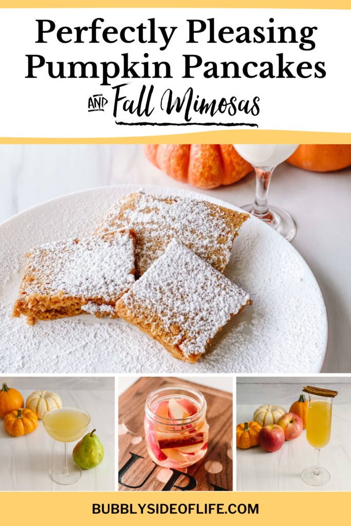 The BEST crowd-pleasing pumpkin pancakes recipe. An easy breakfast to whip up especially if you you’re cooking for a group because it’s made on a cookie sheet. Plus, delicious fall mimosas perfect for brunch. #fallrecipes #pumpkinpancakes