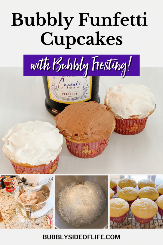 Celebrate with bubbly funfetti cupcakes topped with bubbly buttercream frosting. Cupcake Prosecco is the key ingredient in these sparkling wine cupcakes. #sparklingwinecupcakes #champagnecupcakes #funfetti