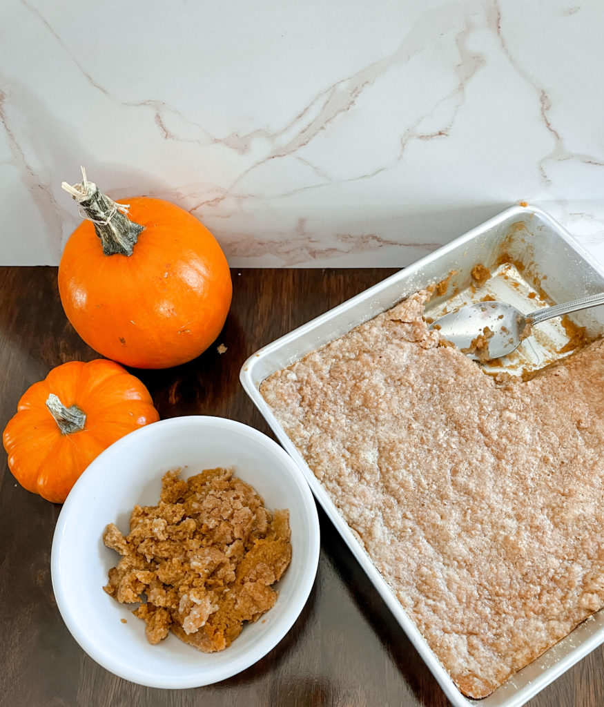 Bubbly pumpkin crisp can be made as a crisp or as bars.  Just add a layer of our cinnamon streusel on the bottom to create bars.