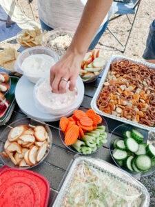 Tailgate menu recipes included Onion dip, Taco dip, Spinach and Artichoke Dip and Cheddar Bacon Ranch dip.