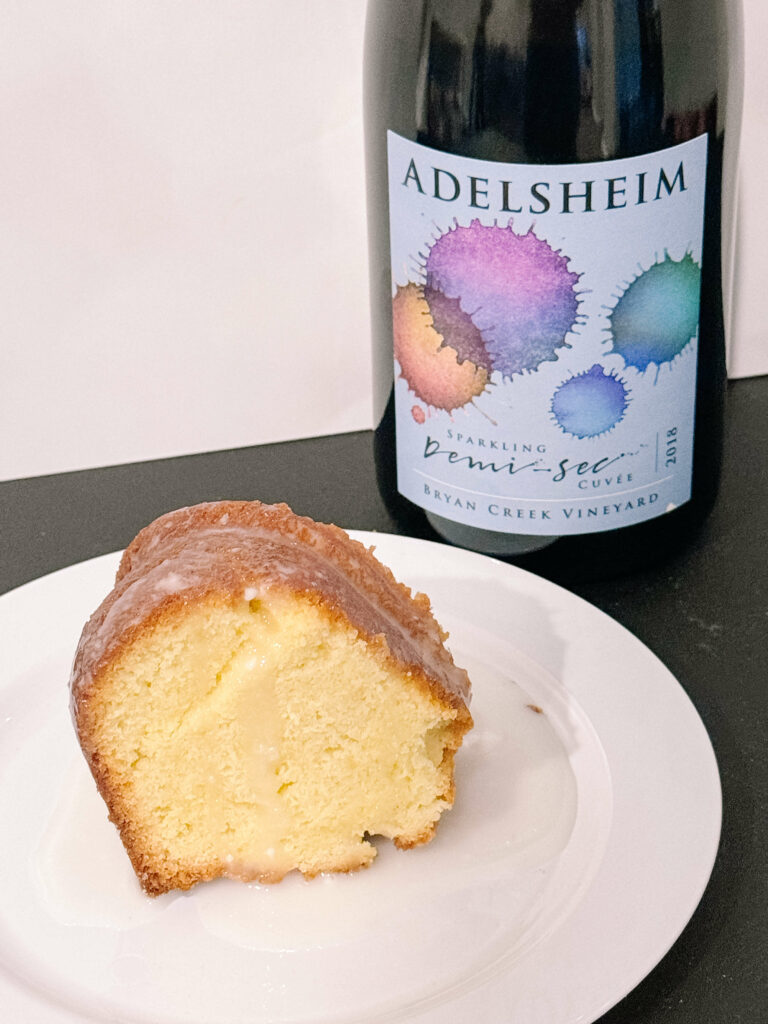 This dessert and sparkling wine pairing is egg nog pound cake and a Demi sec bubbly from Adelsheim Vineyards.